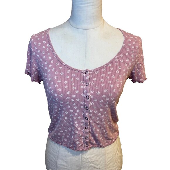 American Eagle Outfitters Tops - American Eagle Soft & Sexy Ribbed Cropped Y2K Baby T Shirt Medium Pink White